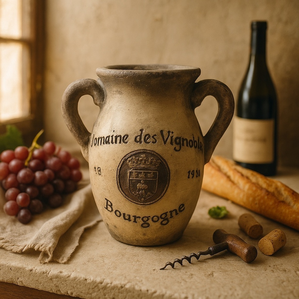 Vintage French Pottery Vase 1958 Domaine des Vignobles Rustic Decor